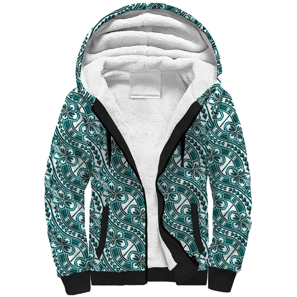 Hibiscus Bloom Island Tribal Waves Sherpa Hoodie Teal Polynesian Pattern