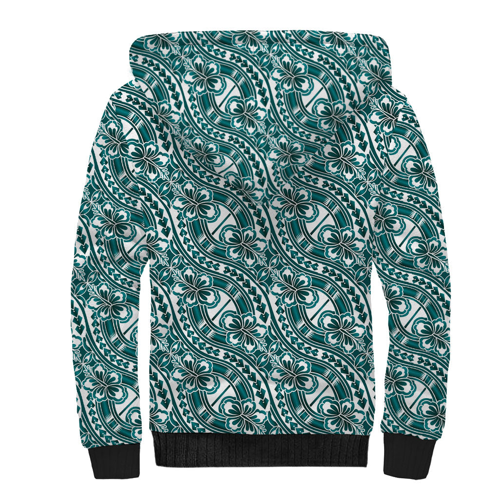 Hibiscus Bloom Island Tribal Waves Sherpa Hoodie Teal Polynesian Pattern