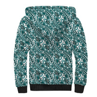 Hibiscus Bloom Island Tribal Waves Sherpa Hoodie Teal Polynesian Pattern