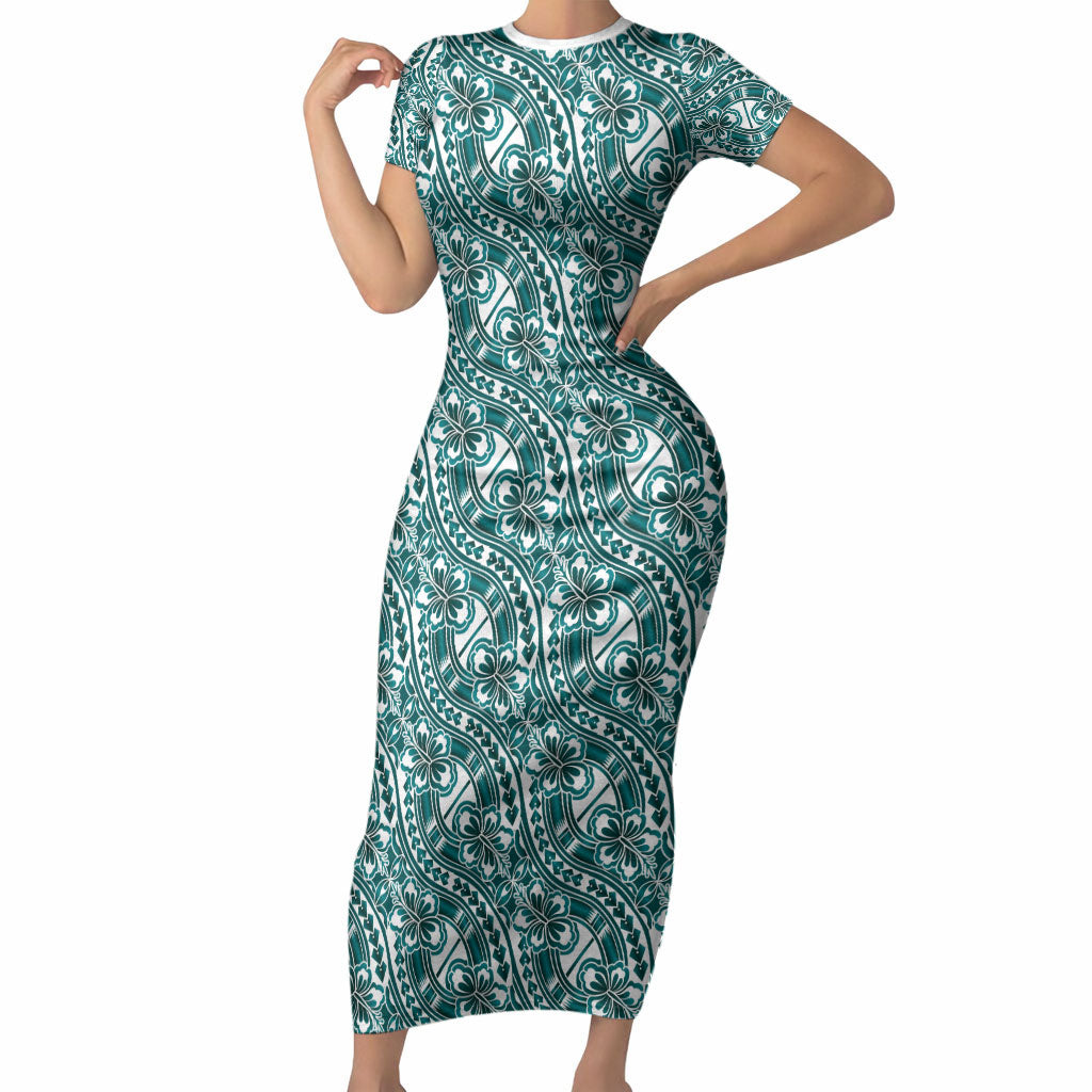 Hibiscus Bloom Island Tribal Waves Short Sleeve Bodycon Dress Teal Polynesian Pattern LT01 Long Dress Teal - Polynesian Pride
