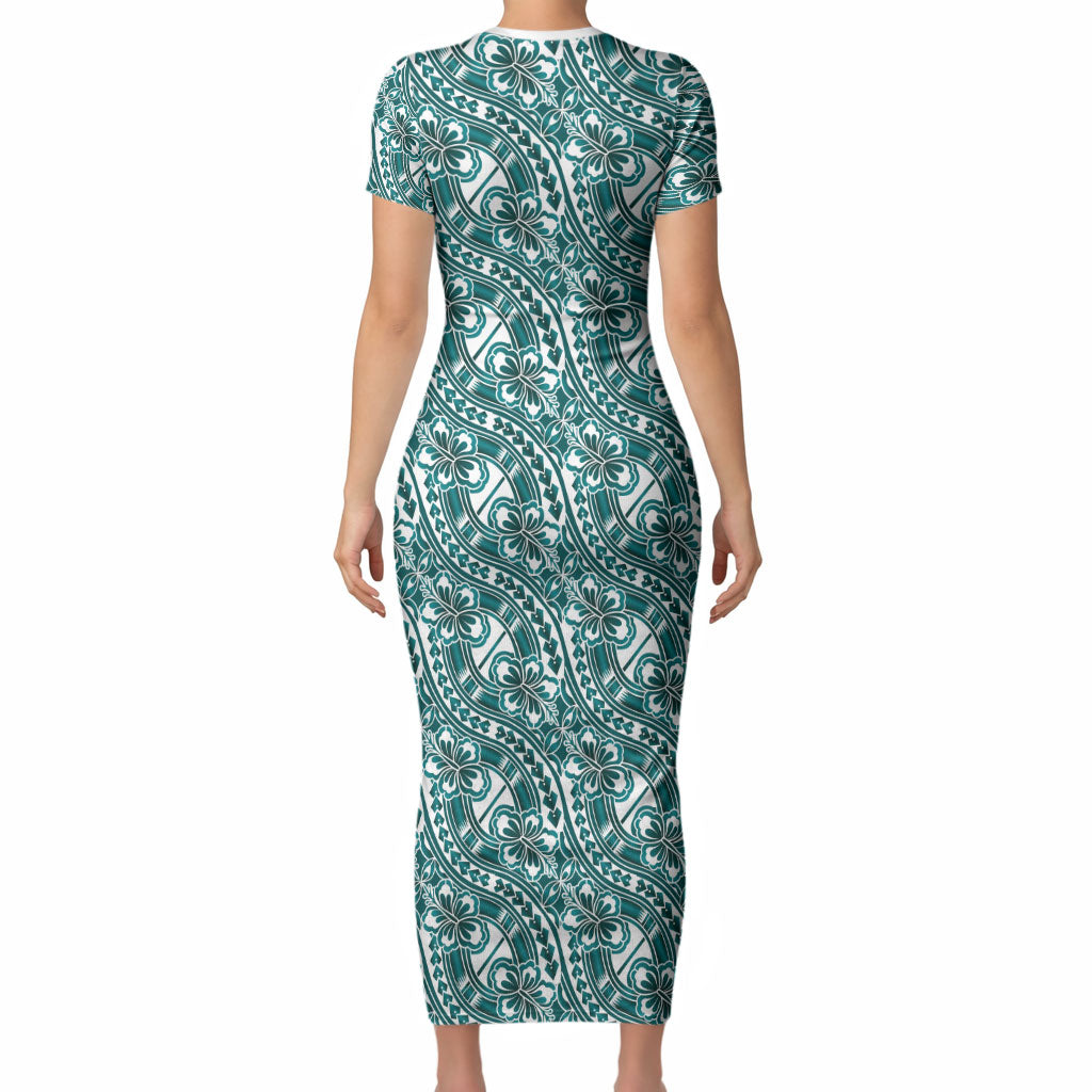 Hibiscus Bloom Island Tribal Waves Short Sleeve Bodycon Dress Teal Polynesian Pattern LT01 - Polynesian Pride