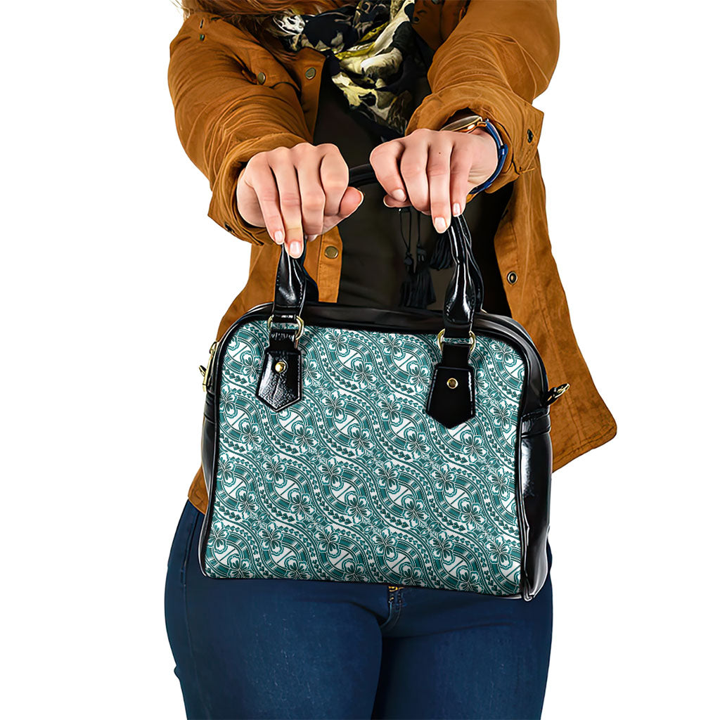 Hibiscus Bloom Island Tribal Waves Shoulder Handbag Teal Polynesian Pattern