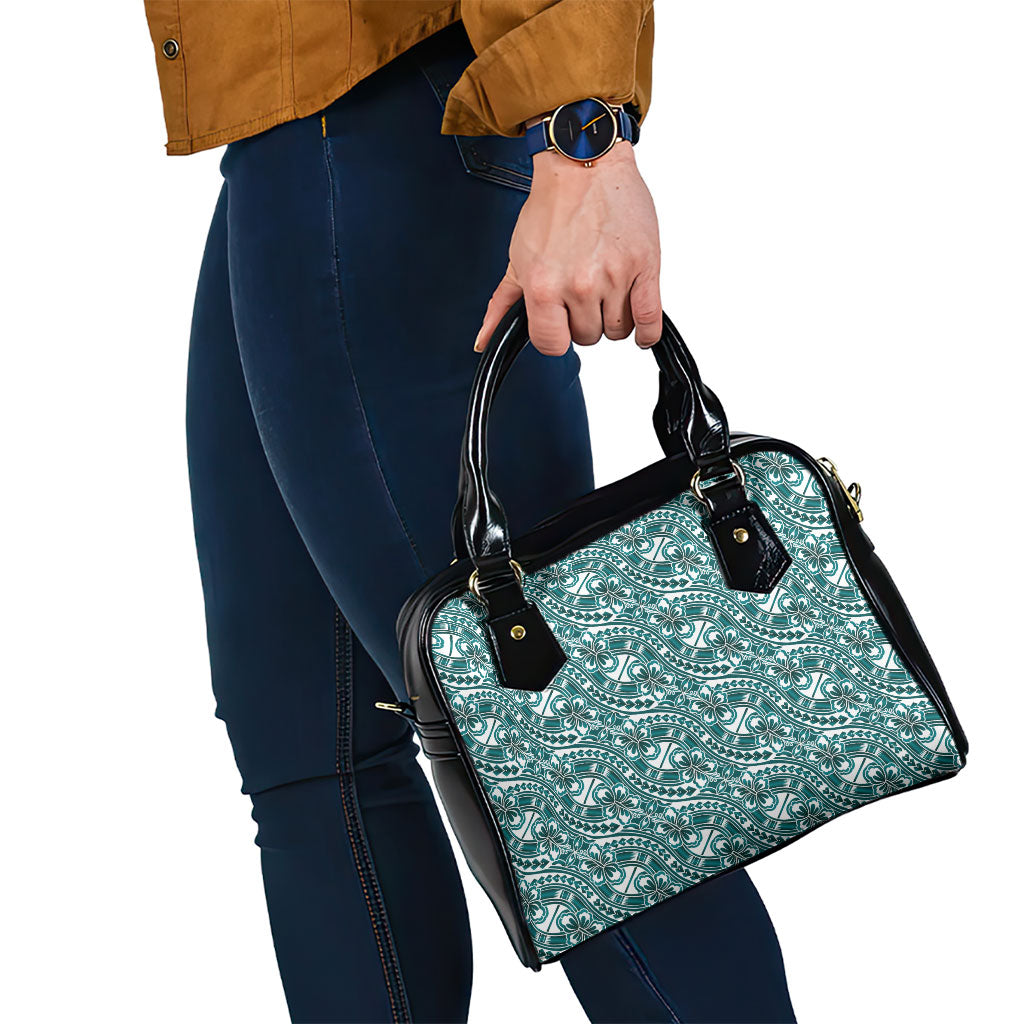 Hibiscus Bloom Island Tribal Waves Shoulder Handbag Teal Polynesian Pattern