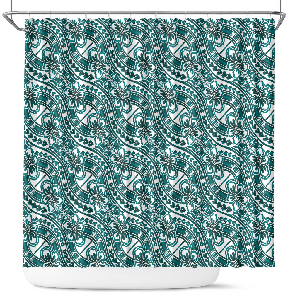 Hibiscus Bloom Island Tribal Waves Shower Curtain Teal Polynesian Pattern