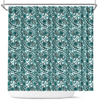 Hibiscus Bloom Island Tribal Waves Shower Curtain Teal Polynesian Pattern