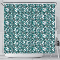 Hibiscus Bloom Island Tribal Waves Shower Curtain Teal Polynesian Pattern