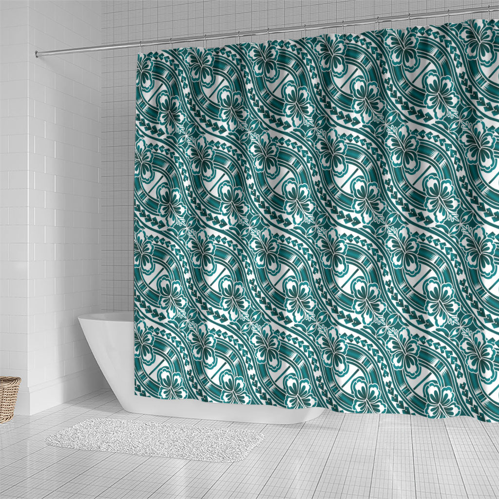 Hibiscus Bloom Island Tribal Waves Shower Curtain Teal Polynesian Pattern