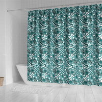 Hibiscus Bloom Island Tribal Waves Shower Curtain Teal Polynesian Pattern