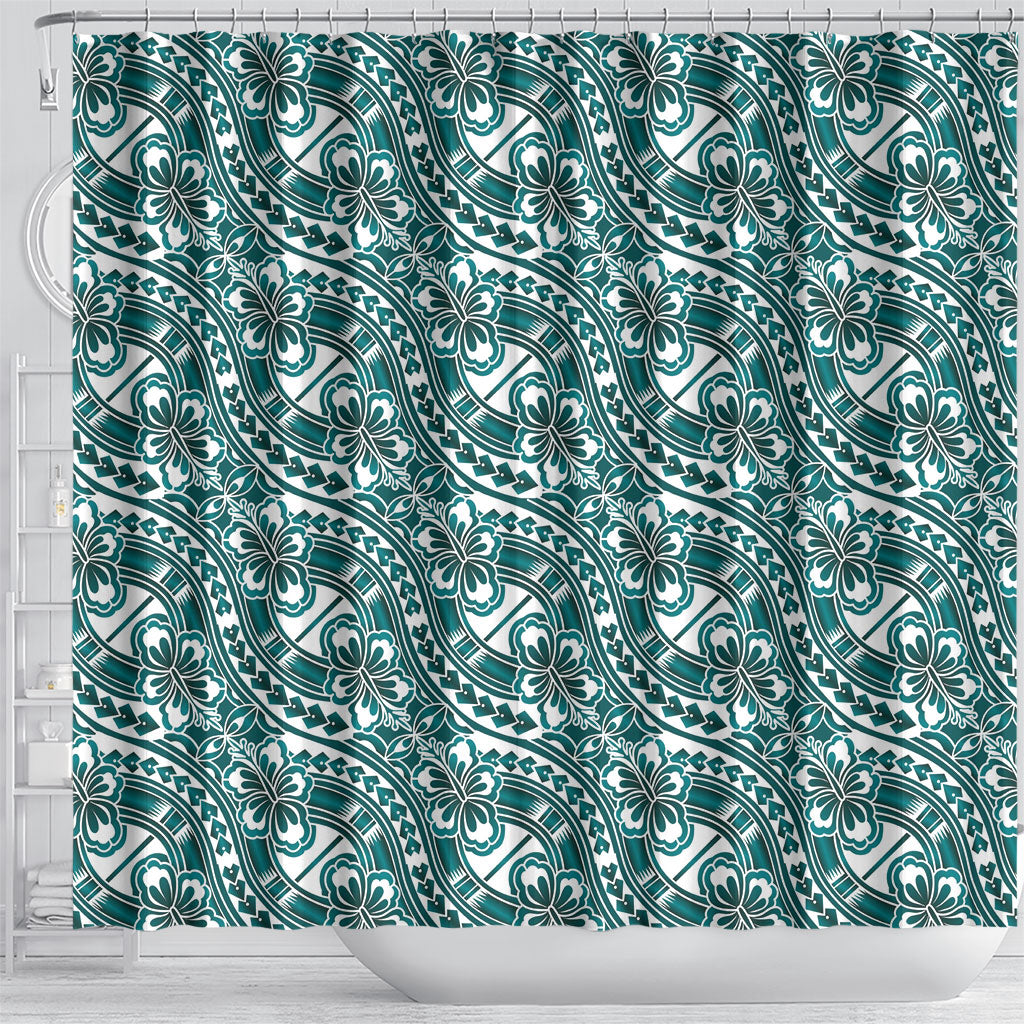 Hibiscus Bloom Island Tribal Waves Shower Curtain Teal Polynesian Pattern