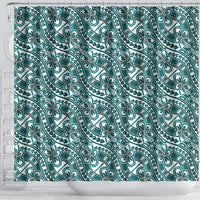 Hibiscus Bloom Island Tribal Waves Shower Curtain Teal Polynesian Pattern