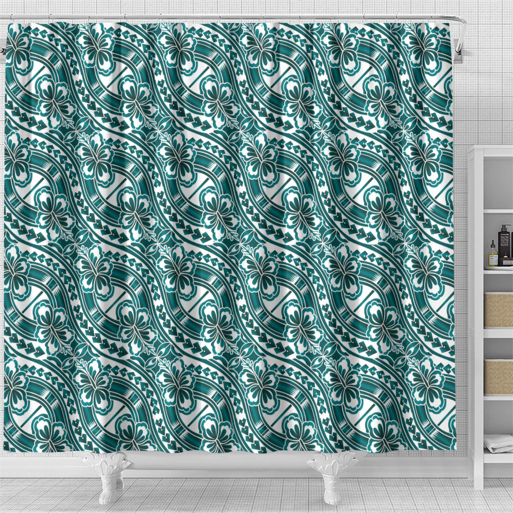 Hibiscus Bloom Island Tribal Waves Shower Curtain Teal Polynesian Pattern