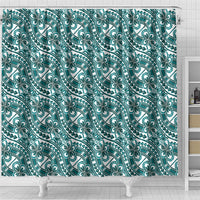 Hibiscus Bloom Island Tribal Waves Shower Curtain Teal Polynesian Pattern