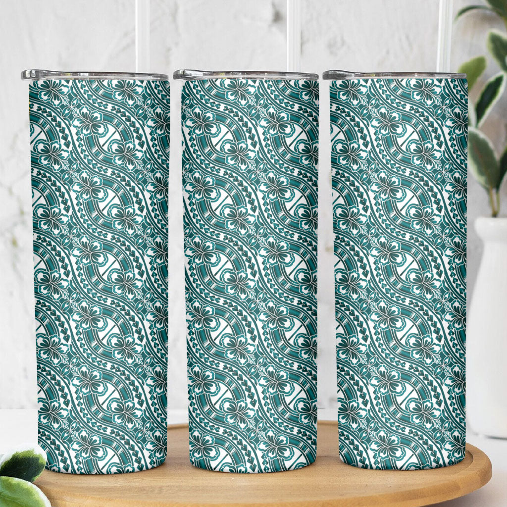 Hibiscus Bloom Island Tribal Waves Skinny Tumbler Teal Polynesian Pattern