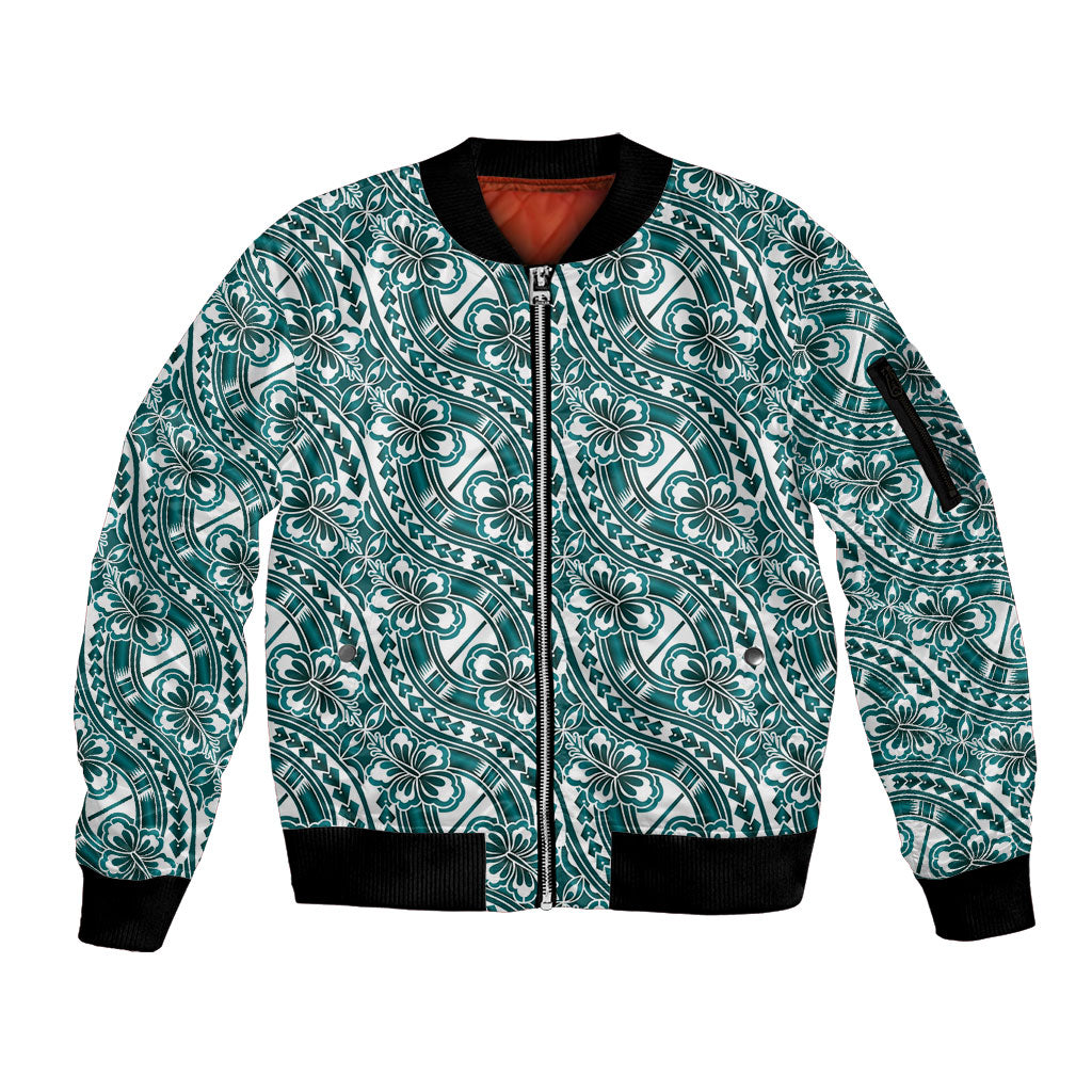 Hibiscus Bloom Island Tribal Waves Sleeve Zip Bomber Jacket Teal Polynesian Pattern