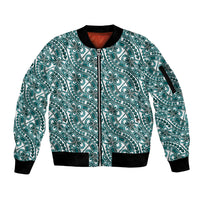 Hibiscus Bloom Island Tribal Waves Sleeve Zip Bomber Jacket Teal Polynesian Pattern