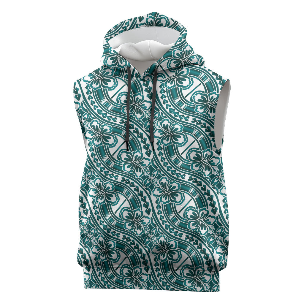 Hibiscus Bloom Island Tribal Waves Sleeveless Hoodie Teal Polynesian Pattern