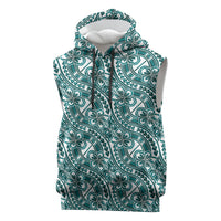 Hibiscus Bloom Island Tribal Waves Sleeveless Hoodie Teal Polynesian Pattern