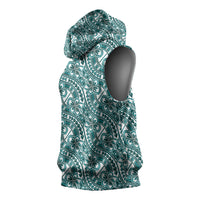 Hibiscus Bloom Island Tribal Waves Sleeveless Hoodie Teal Polynesian Pattern