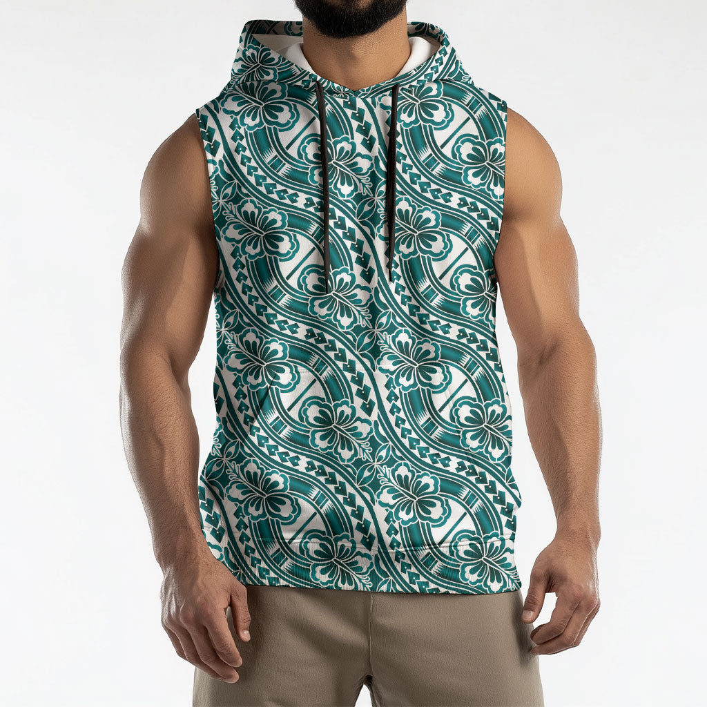 Hibiscus Bloom Island Tribal Waves Sleeveless Hoodie Teal Polynesian Pattern