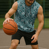 Hibiscus Bloom Island Tribal Waves Sleeveless Hoodie Teal Polynesian Pattern