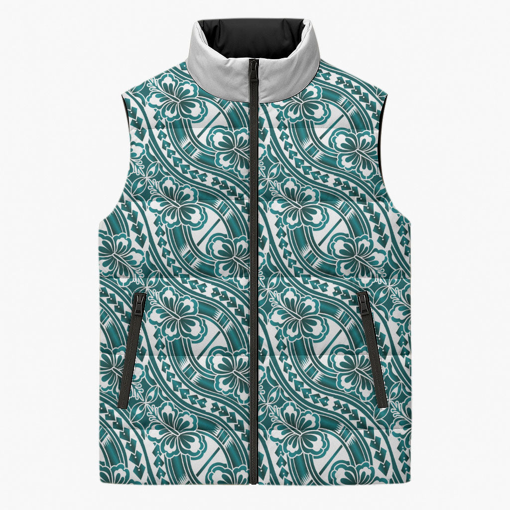 Hibiscus Bloom Island Tribal Waves Sleeveless Puffer Jacket Teal Polynesian Pattern