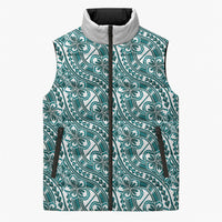 Hibiscus Bloom Island Tribal Waves Sleeveless Puffer Jacket Teal Polynesian Pattern