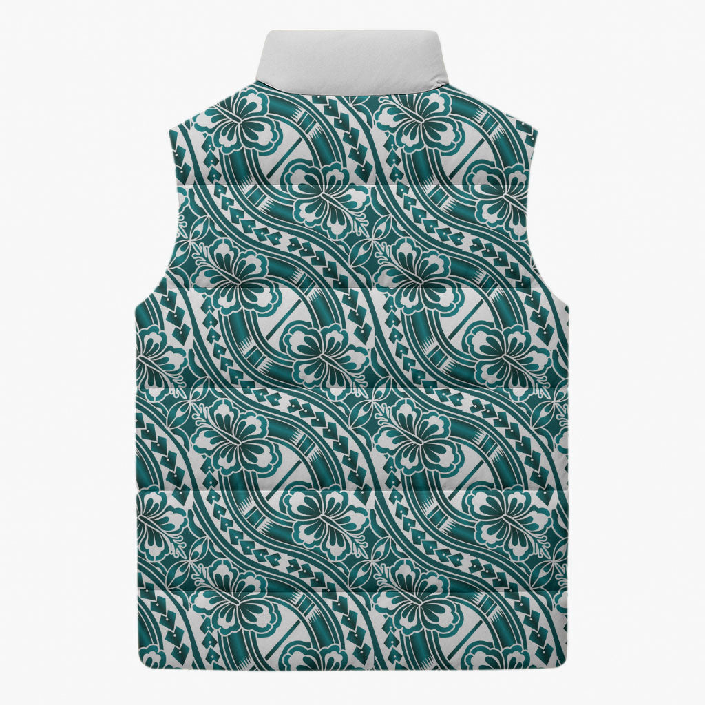 Hibiscus Bloom Island Tribal Waves Sleeveless Puffer Jacket Teal Polynesian Pattern