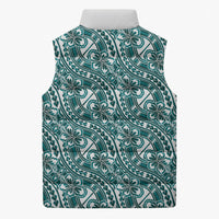 Hibiscus Bloom Island Tribal Waves Sleeveless Puffer Jacket Teal Polynesian Pattern
