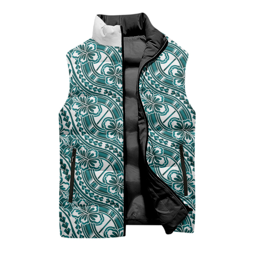 Hibiscus Bloom Island Tribal Waves Sleeveless Puffer Jacket Teal Polynesian Pattern