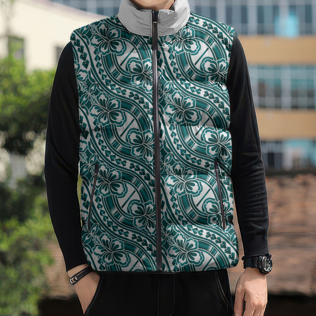 Hibiscus Bloom Island Tribal Waves Sleeveless Puffer Jacket Teal Polynesian Pattern