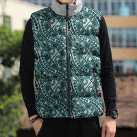 Hibiscus Bloom Island Tribal Waves Sleeveless Puffer Jacket Teal Polynesian Pattern