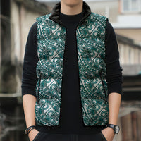 Hibiscus Bloom Island Tribal Waves Sleeveless Puffer Jacket Teal Polynesian Pattern