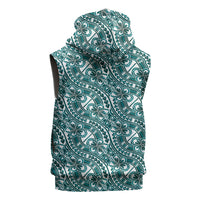 Hibiscus Bloom Island Tribal Waves Sleeveless Zip Hoodie Teal Polynesian Pattern