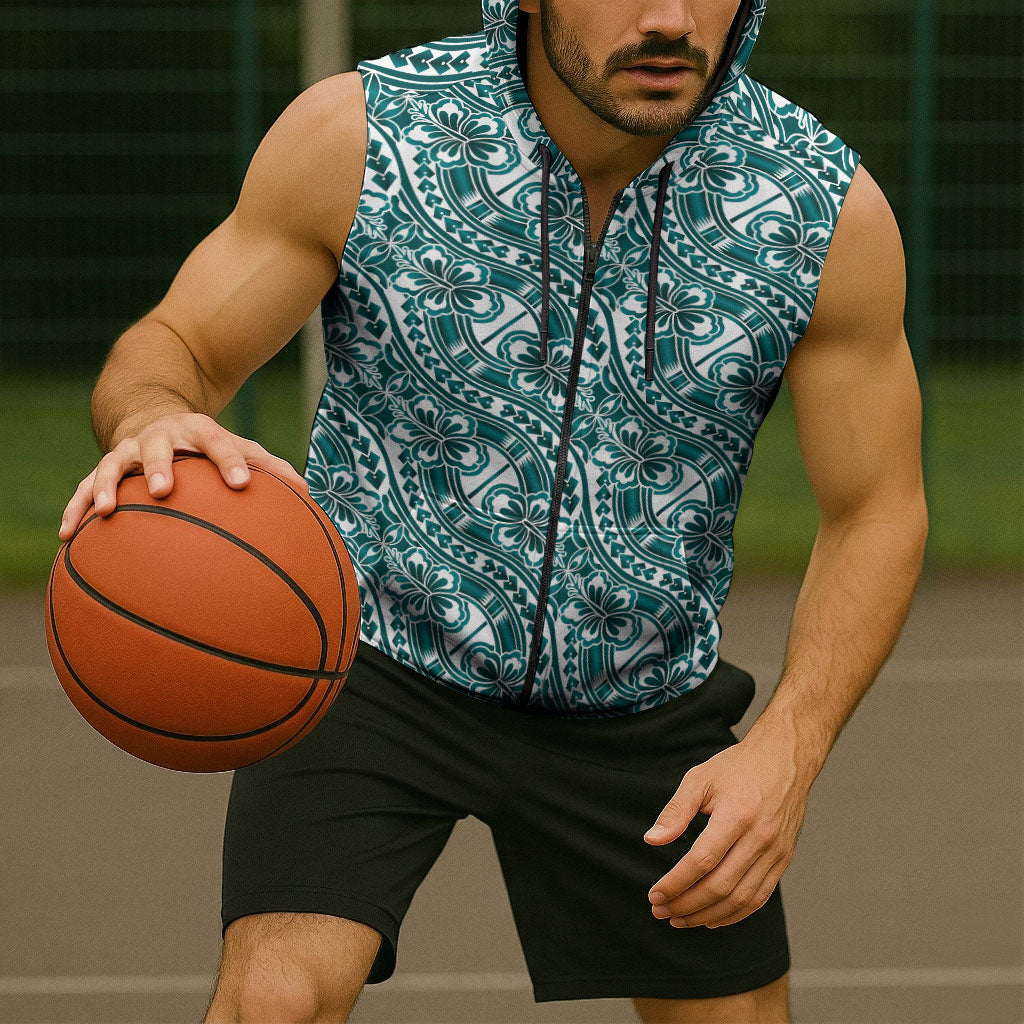 Hibiscus Bloom Island Tribal Waves Sleeveless Zip Hoodie Teal Polynesian Pattern