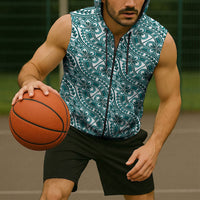 Hibiscus Bloom Island Tribal Waves Sleeveless Zip Hoodie Teal Polynesian Pattern