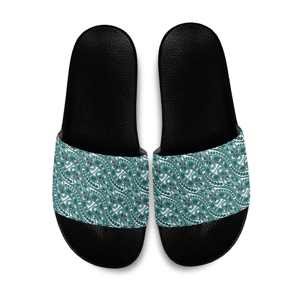 Hibiscus Bloom Island Tribal Waves Slide Sandals Teal Polynesian Pattern