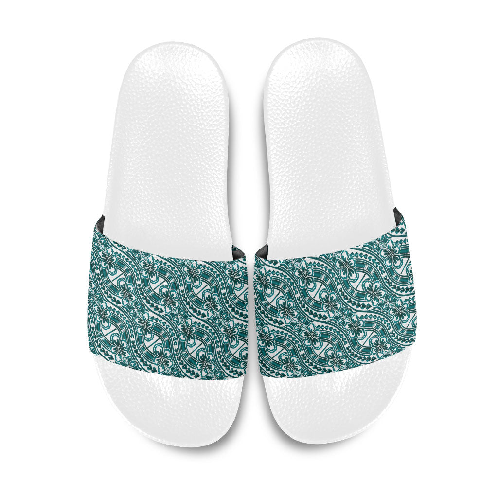 Hibiscus Bloom Island Tribal Waves Slide Sandals Teal Polynesian Pattern