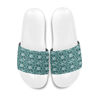 Hibiscus Bloom Island Tribal Waves Slide Sandals Teal Polynesian Pattern