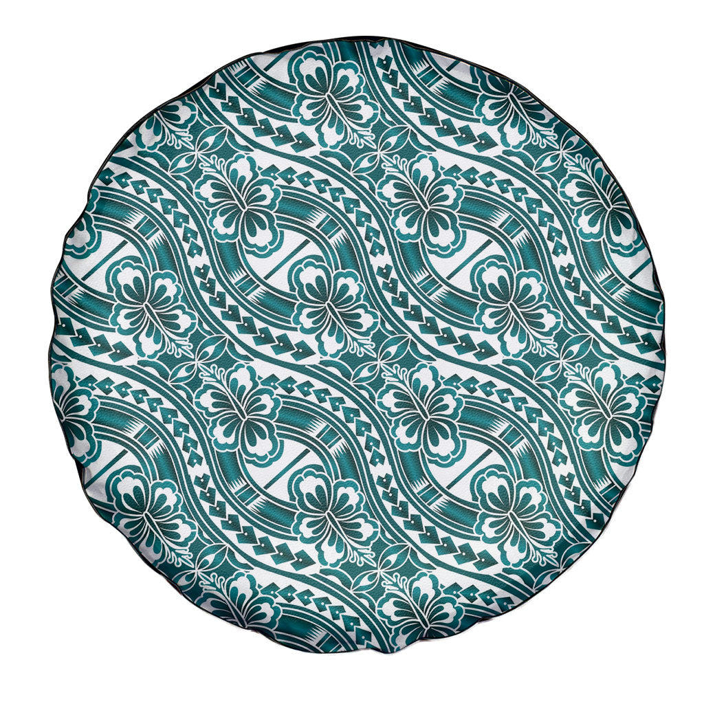 Hibiscus Bloom Island Tribal Waves Spare Tire Cover Teal Polynesian Pattern