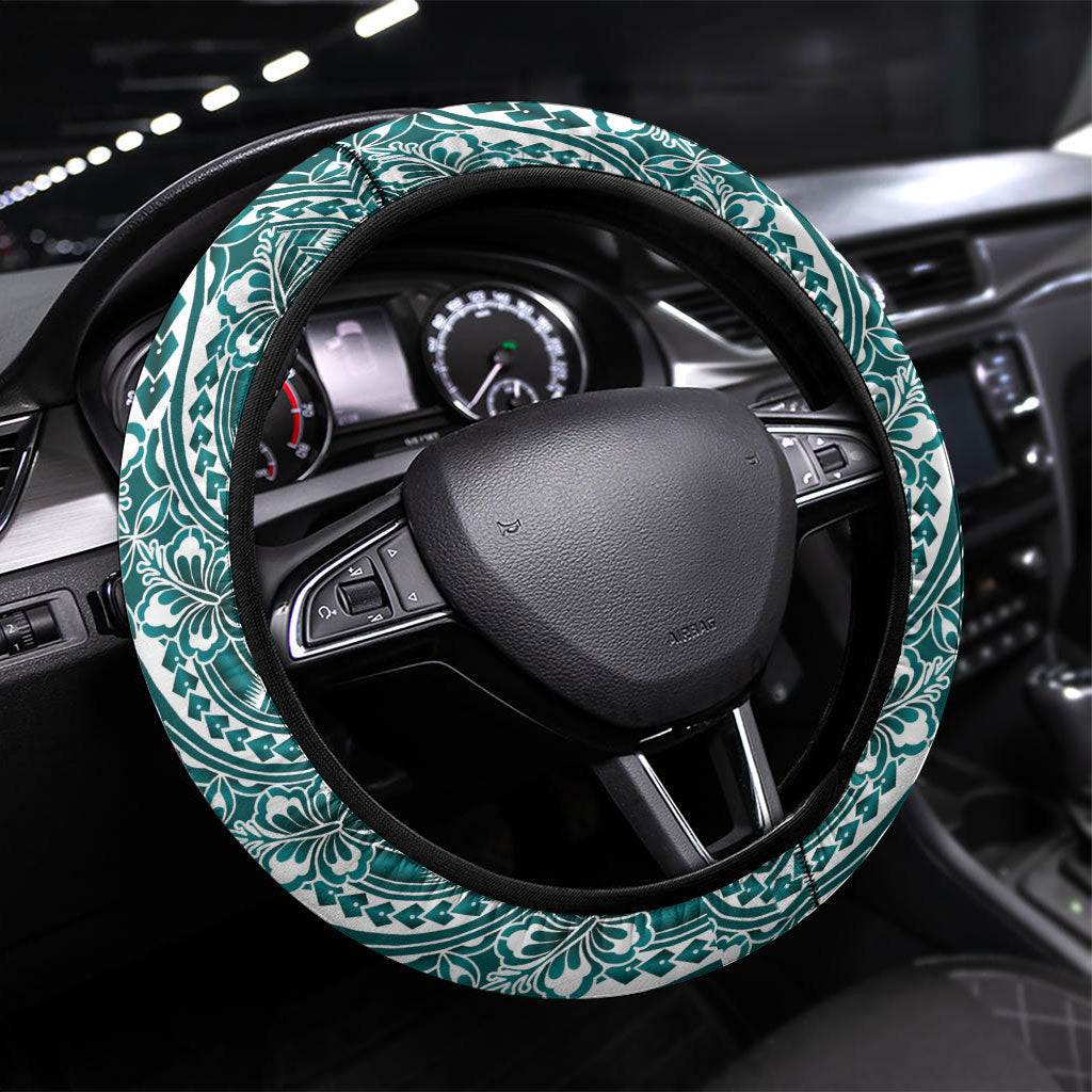 Hibiscus Bloom Island Tribal Waves Steering Wheel Cover Teal Polynesian Pattern