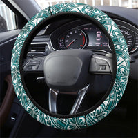 Hibiscus Bloom Island Tribal Waves Steering Wheel Cover Teal Polynesian Pattern