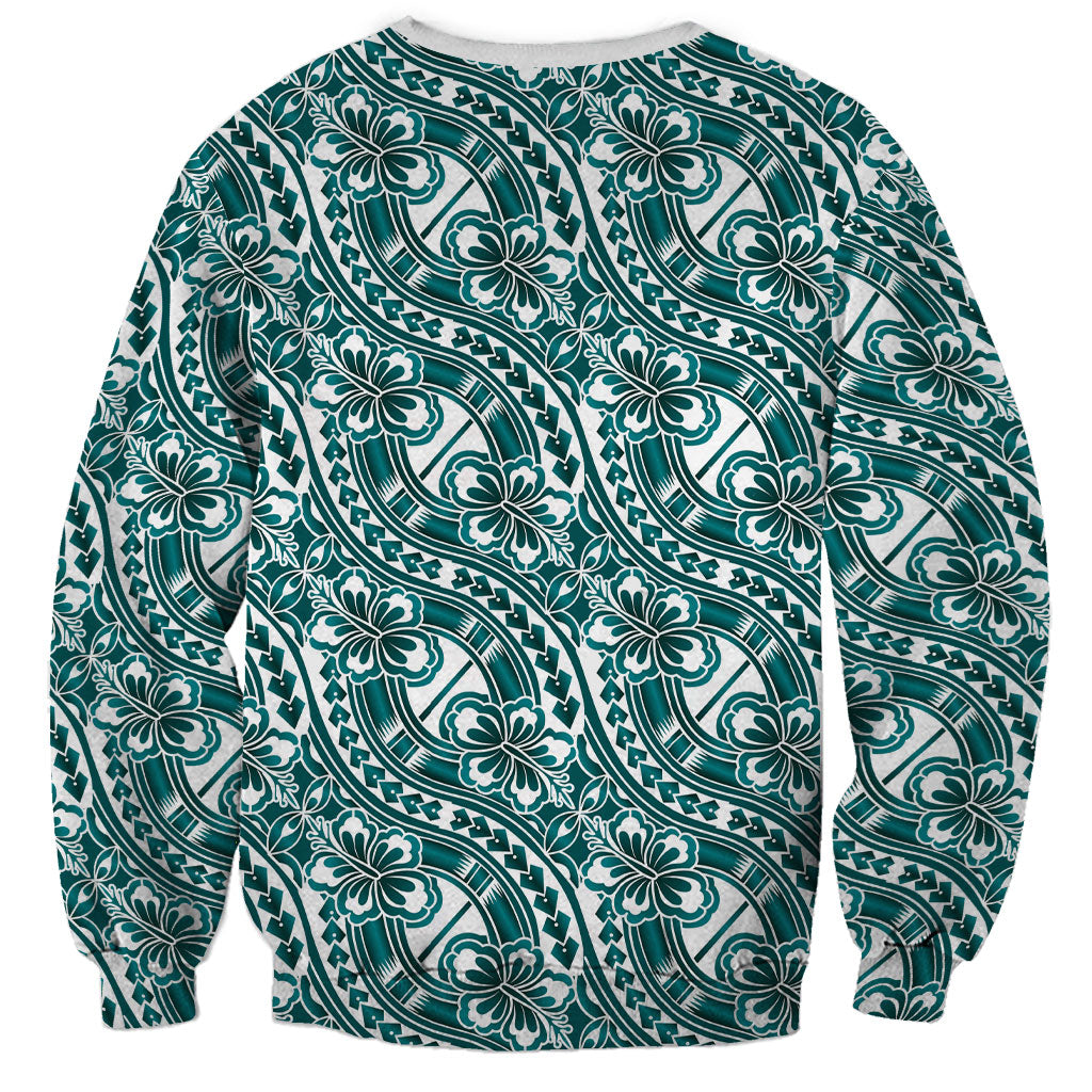 Hibiscus Bloom Island Tribal Waves Sweatshirt Teal Polynesian Pattern
