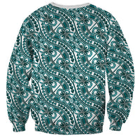 Hibiscus Bloom Island Tribal Waves Sweatshirt Teal Polynesian Pattern