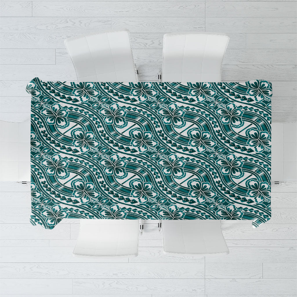 Hibiscus Bloom Island Tribal Waves Tablecloth Teal Polynesian Pattern