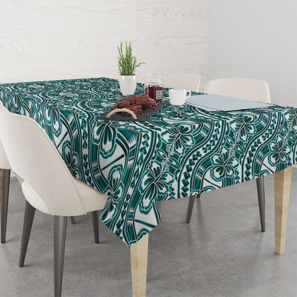 Hibiscus Bloom Island Tribal Waves Tablecloth Teal Polynesian Pattern