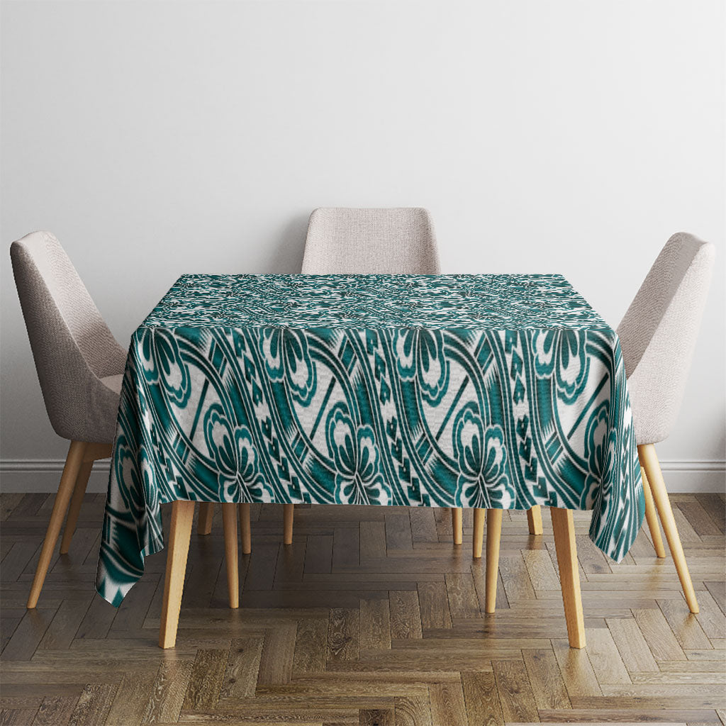 Hibiscus Bloom Island Tribal Waves Tablecloth Teal Polynesian Pattern