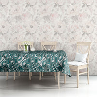 Hibiscus Bloom Island Tribal Waves Tablecloth Teal Polynesian Pattern