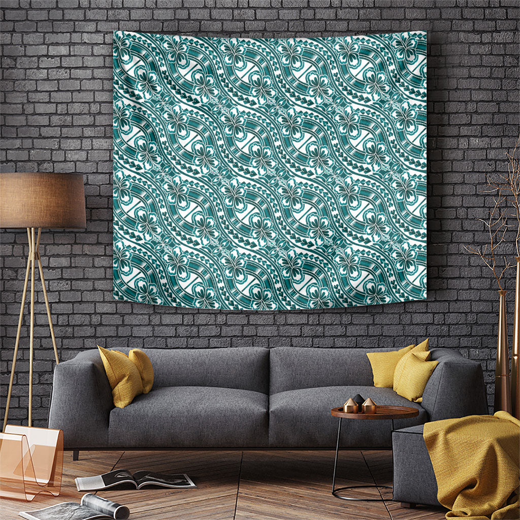 Hibiscus Bloom Island Tribal Waves Tapestry Teal Polynesian Pattern