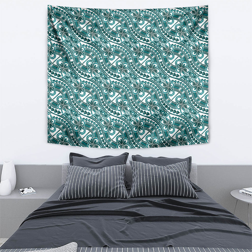 Hibiscus Bloom Island Tribal Waves Tapestry Teal Polynesian Pattern