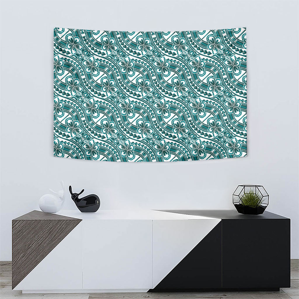 Hibiscus Bloom Island Tribal Waves Tapestry Teal Polynesian Pattern